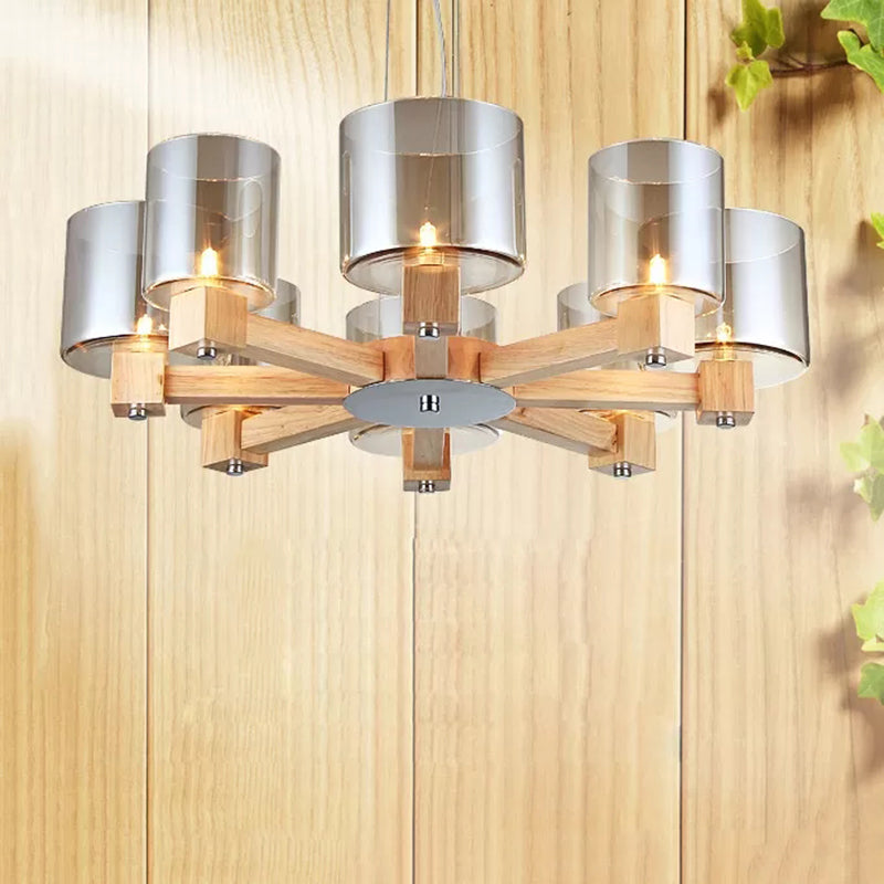 Wood Cylinder Chandelier Light with Radial Design Industrial 4/6/8 Lights Amber Glass Hanging Pendant Lamp