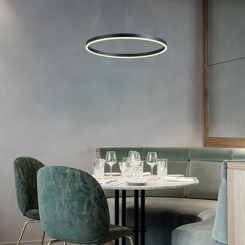 1/2/3-Ring Living Room Ceiling Light Black Chandelier with Acrylic Shade in Warm/White Light