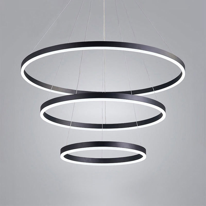 1/2/3-Ring Living Room Ceiling Light Black Chandelier with Acrylic Shade in Warm/White Light