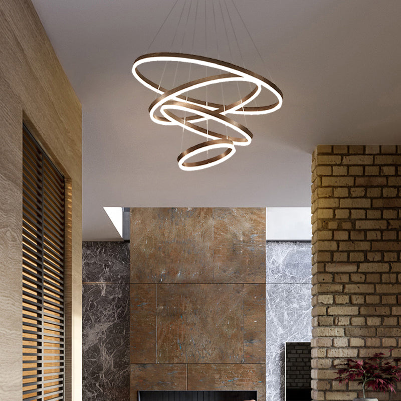 1/2/3-Ring Living Room Ceiling Light Black Chandelier with Acrylic Shade in Warm/White Light