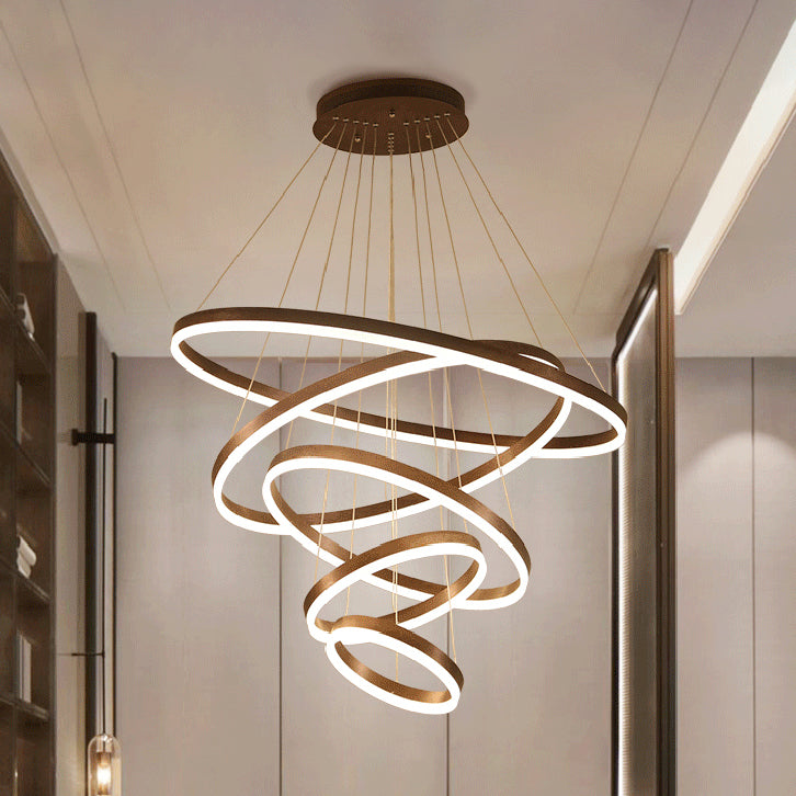 1/2/3-Ring Living Room Ceiling Light Black Chandelier with Acrylic Shade in Warm/White Light