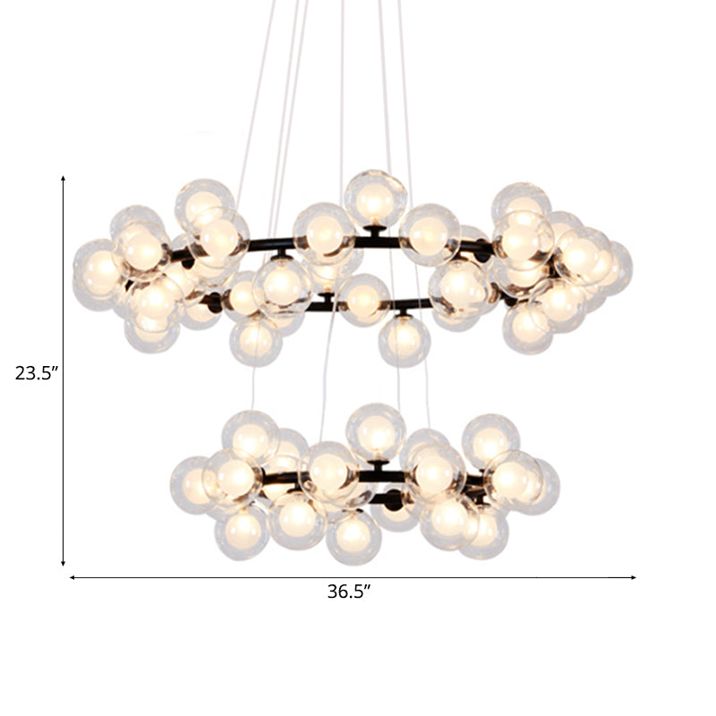 Lámpara de araña de burbujas Lámpara de vidrio transparente contemporáneo 2/3 niveles Lámpara de colgación de acabado negro con anillo de metal para sala de estar