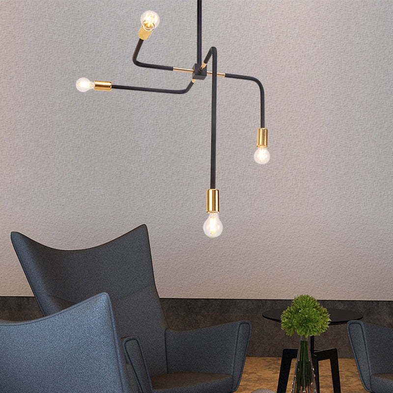 4 Curved Arms Ceiling Lamp Postmodern Metal Bare Bulbs Black Hanging Chandelier Light for Living Room