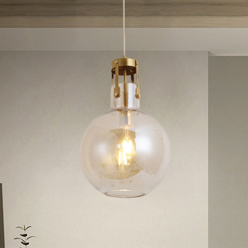 1-Light Bedside Pendant Lamp Postmodern Brass Hanging Light with Ball Cognac Glass Shade