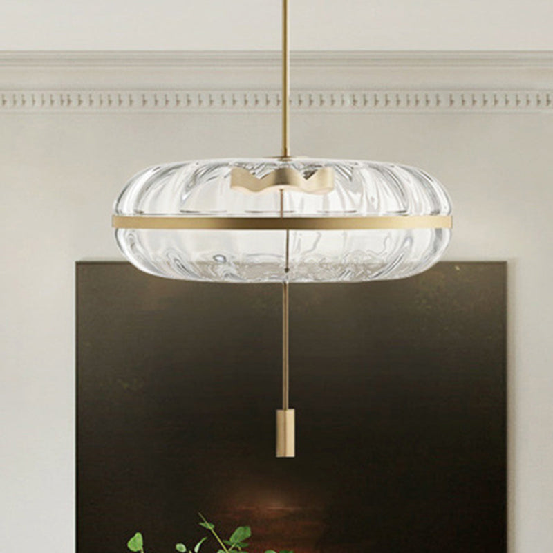Clear Ribbed Glass Doughnut Pendant Post-Modern 1 Head Brass Hanging Light Fixture over Table
