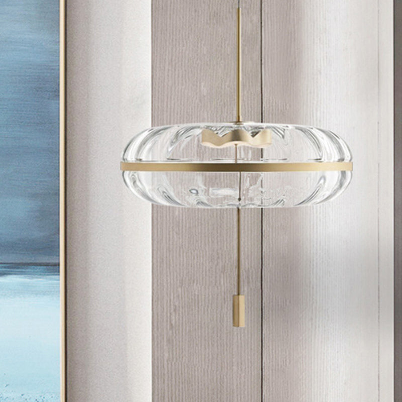 Clear Ribbed Glass Doughnut Pendant Post-Modern 1 Head Brass Hanging Light Fixture over Table