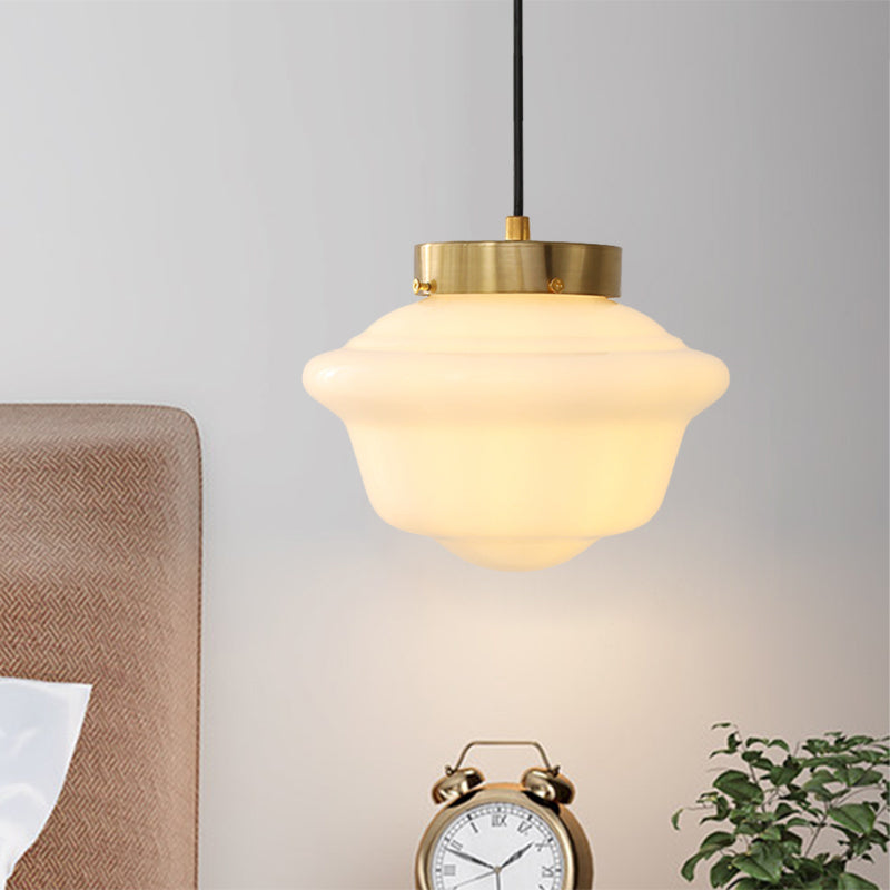 Gyro Shaped White Glass Pendant Minimalist Single Brass Hanging Ceiling Light for Restaurant