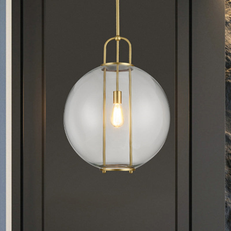Postmodern Globe Clear Glass Hanging Lamp 1-Light Ceiling Pendant in Brass for Bedside