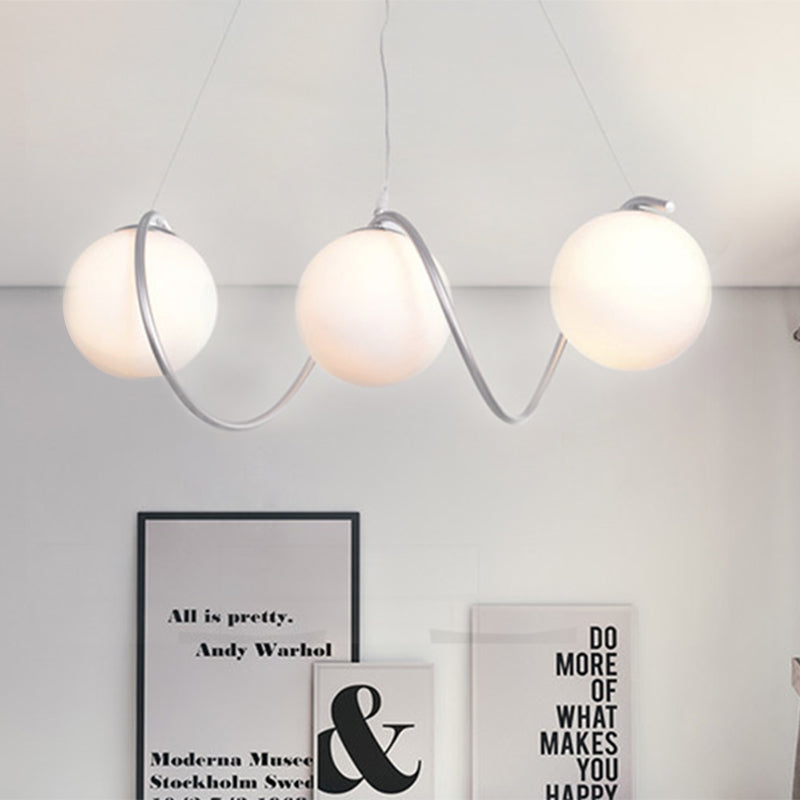 Modern Style Spiral Iron Cluster Pendant 3-Head Suspended Lighting Fixture with Globe White Glass Shade