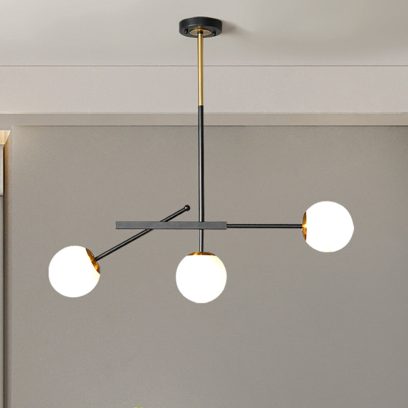 Black-Gold Branching Suspension Pendant Modern 3 Lights Opal Ball Glass Chandelier Lighting