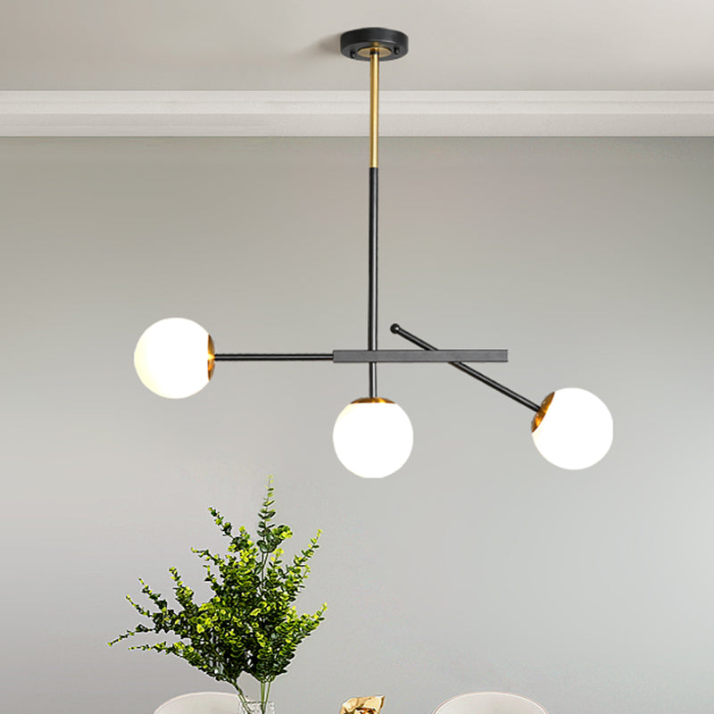 Black-Gold Branching Suspension Pendant Modern 3 Lights Opal Ball Glass Chandelier Lighting