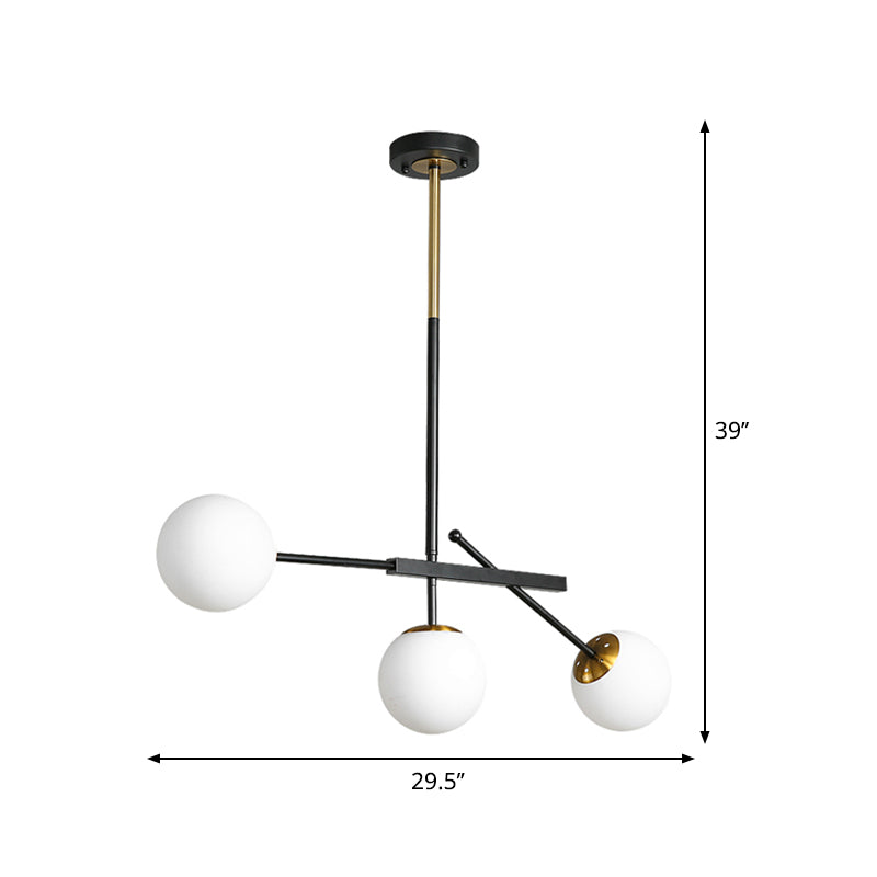 Black-Gold Branching Suspension Pendant Modern 3 Lights Opal Ball Glass Chandelier Lighting