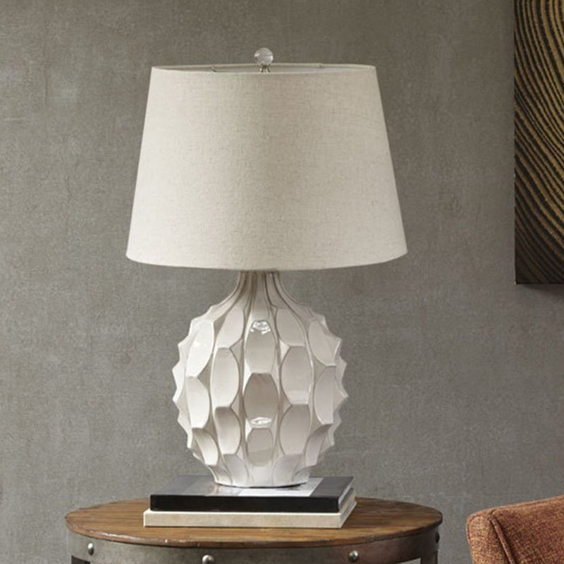 Rustic Pinecone Night Table Lamp 1 Head Ceramic Nightstand Light with Tapered Drum Shade in White