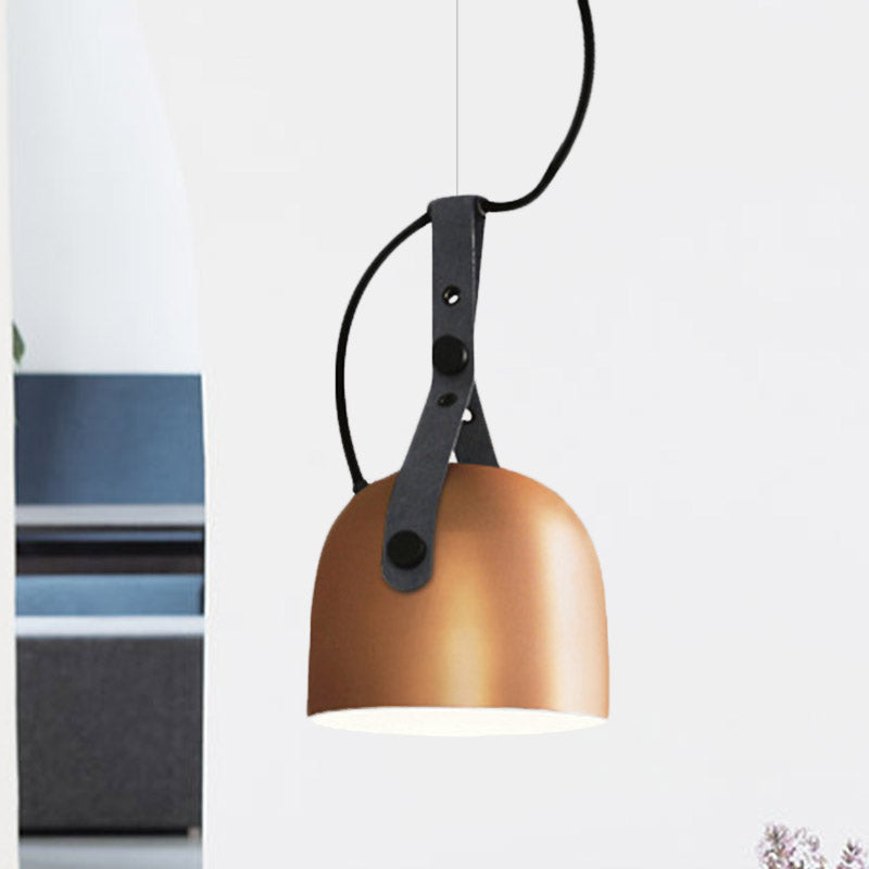 7"/9.5" Dia 1 Light Dome Hanging Lamp Industrial Style Black/Silver/Copper Metal Pendant Lighting with Leather Strap