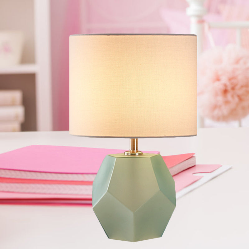 Single-Bulb 3D Hexagon Table Lamp Modern Grey/Pink/Yellow Glass Night Light with Drum Fabric Shade