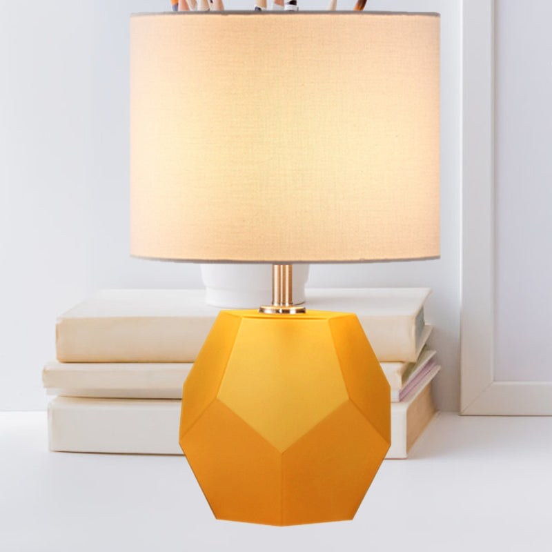 Single-Bulb 3D Hexagon Table Lamp Modern Grey/Pink/Yellow Glass Night Light with Drum Fabric Shade
