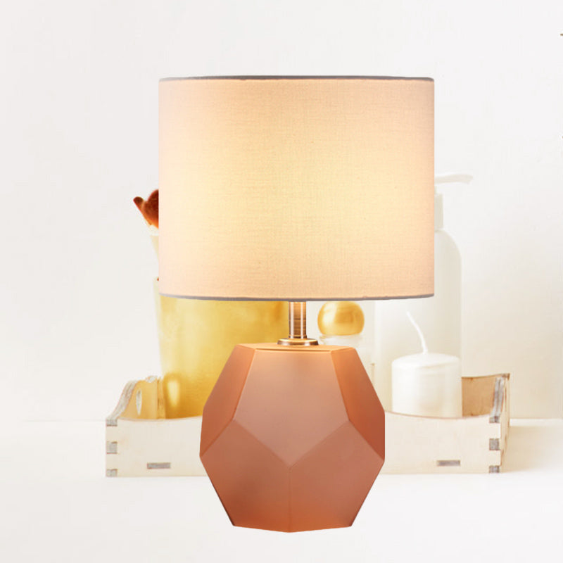 Single-Bulb 3D Hexagon Table Lamp Modern Grey/Pink/Yellow Glass Night Light with Drum Fabric Shade
