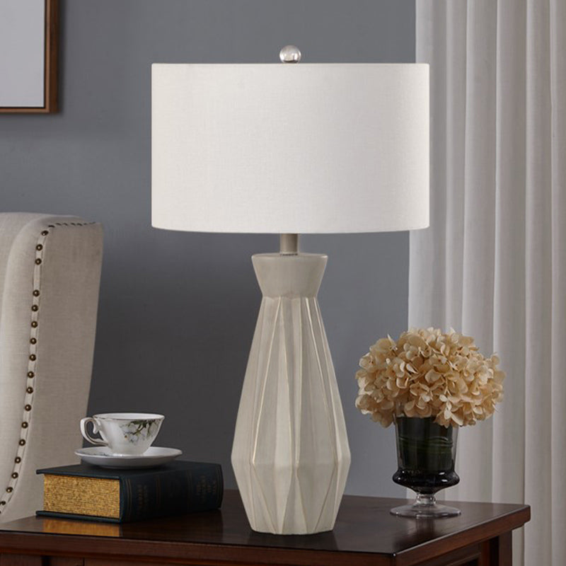 Beige/White 1 Head Night Table Lamp Rustic Fabric Drum Shade Nightstand Light for Bedside
