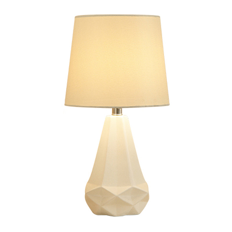 Single Bulb Night Stand Lamp Contemporary Conic Fabric Table Lighting with Diamond Ceramic Base in White