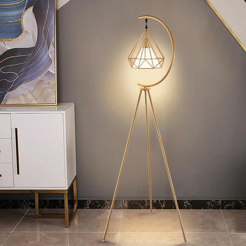 Finition noir / or Diamond Cage Floor moderniste 1 Light Metal Metal Tri-leg Perdre Planchers