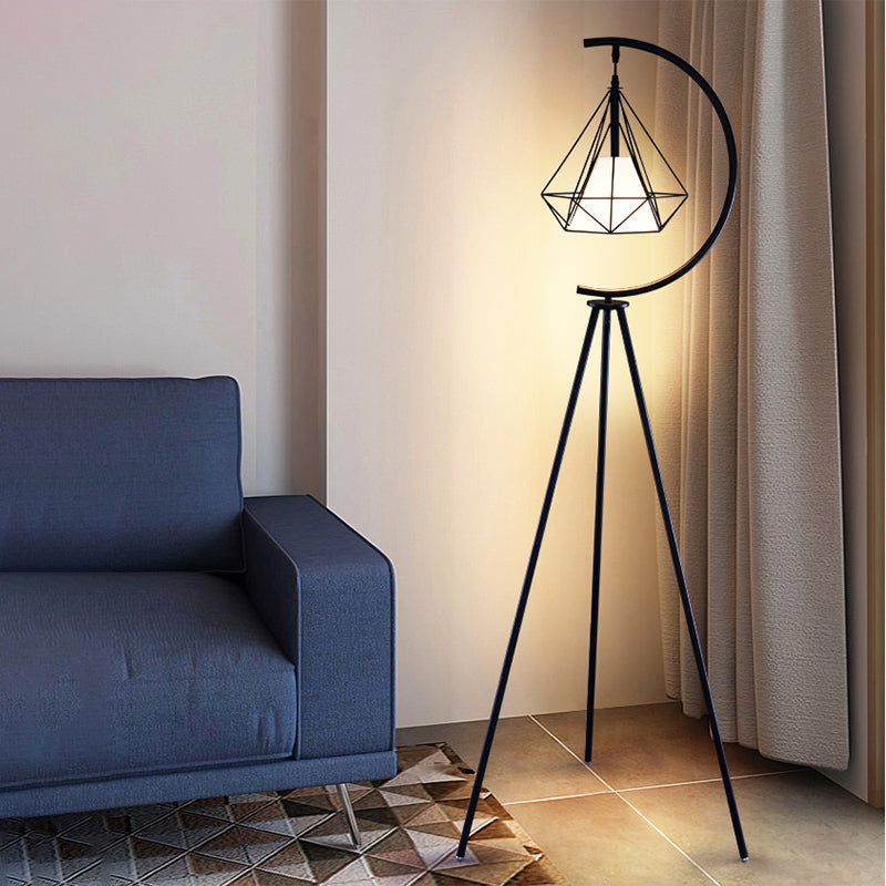 Finition noir / or Diamond Cage Floor moderniste 1 Light Metal Metal Tri-leg Perdre Planchers