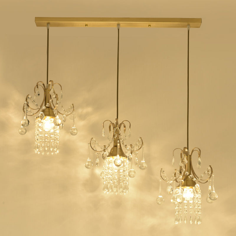 Iluminación de isla cilíndrica de goteo de cristal Minimalista 3 bombillas Lámpara de suspensión de latón sobre mesa de comedor