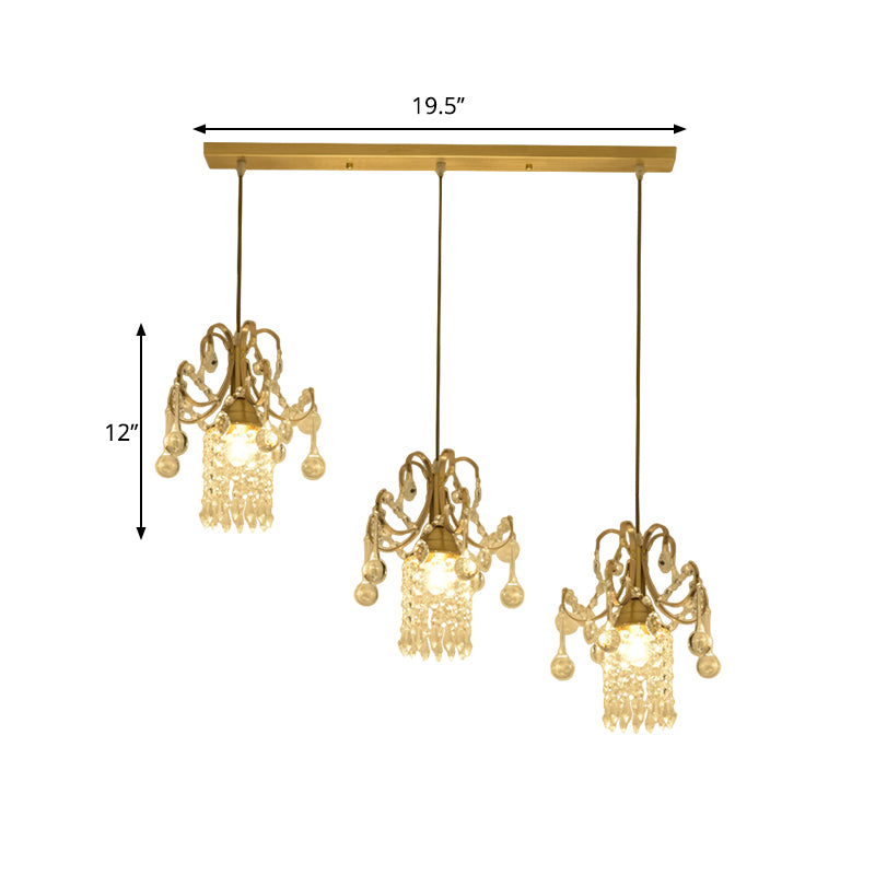 Iluminación de isla cilíndrica de goteo de cristal Minimalista 3 bombillas Lámpara de suspensión de latón sobre mesa de comedor
