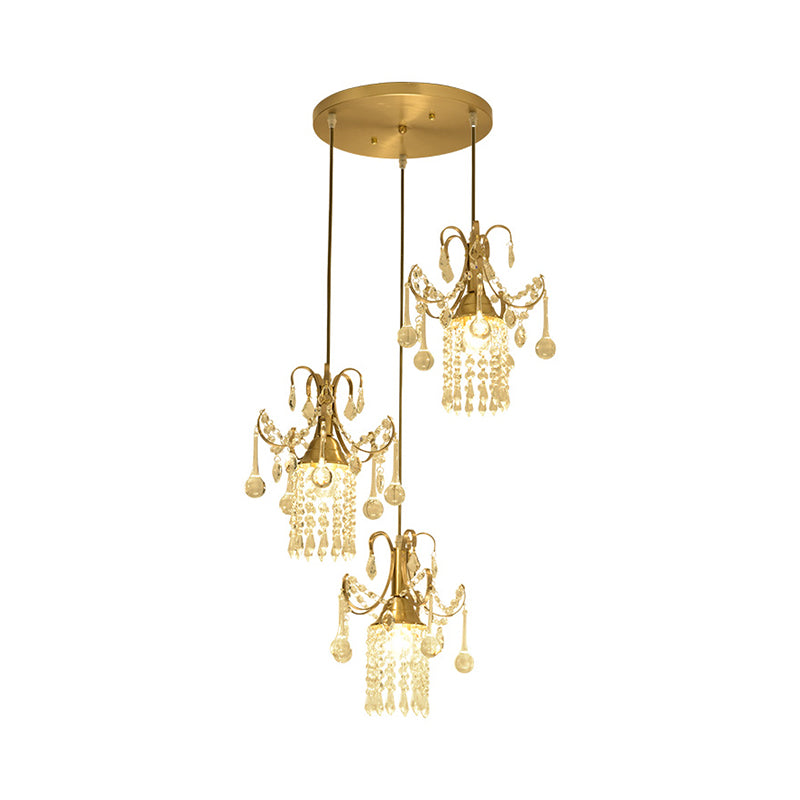 Cylindre Multi-plafond Light Moderniste Crystal Droplet 3 lumières Pendre de salle à manger en laiton