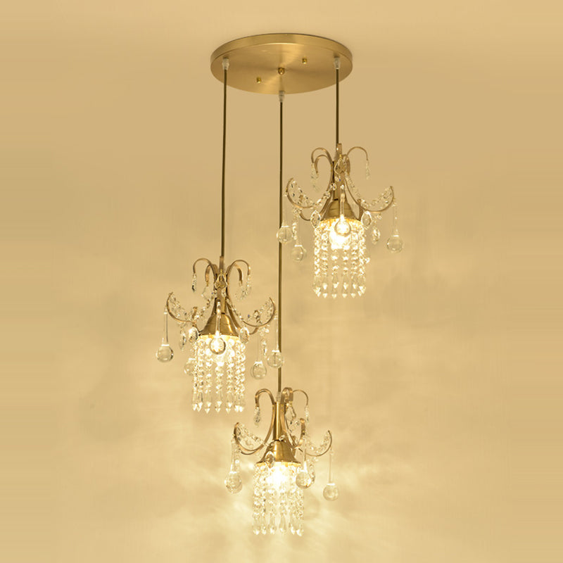 Cylindre Multi-plafond Light Moderniste Crystal Droplet 3 lumières Pendre de salle à manger en laiton