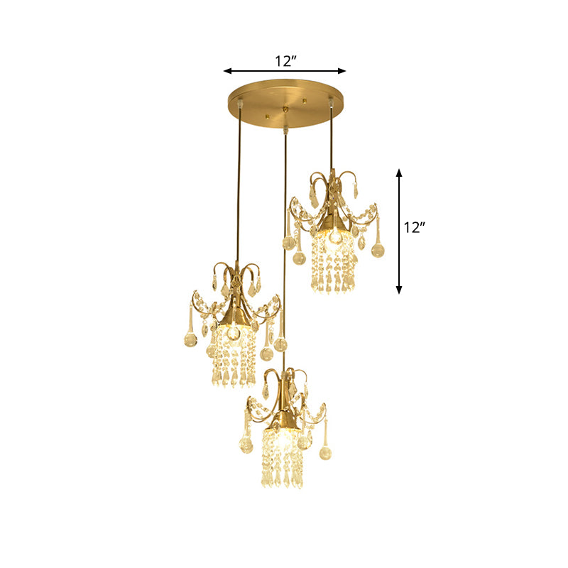 Cylindre Multi-plafond Light Moderniste Crystal Droplet 3 lumières Pendre de salle à manger en laiton