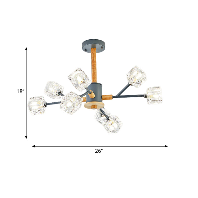 Cube Clear Crystal Hanging Light Kit Modernismus 8 Köpfe Grau und Holzzweig Kronleuchter