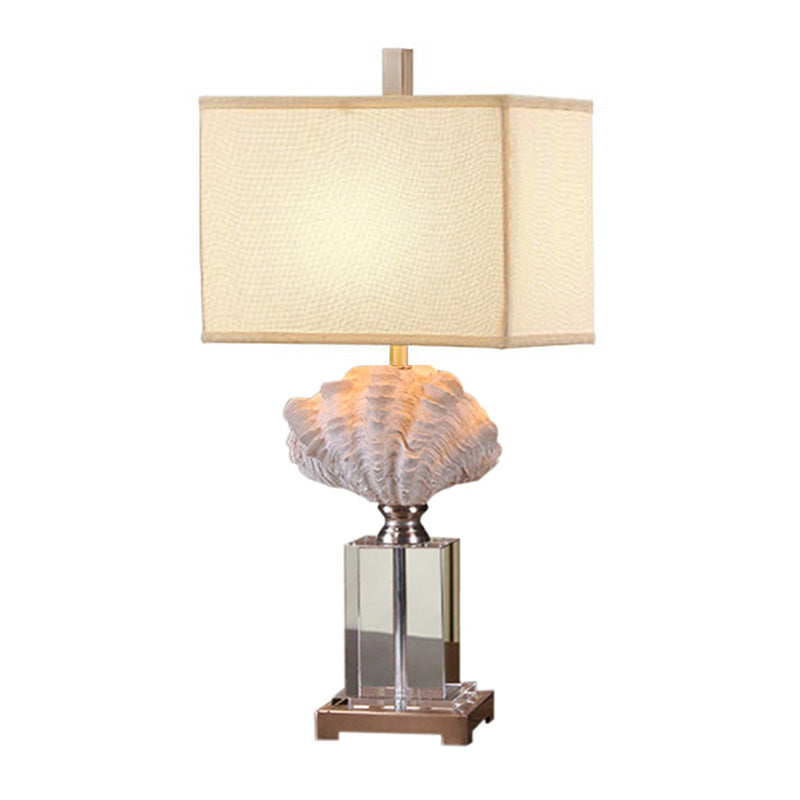 Conch Shell Bedside Table Lamp Rustic Resin 1 Bulb White Night Stand Light with Box Fabric Shade