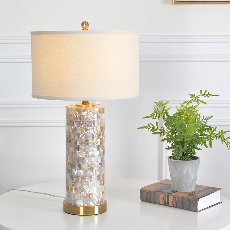 Shell Patchwork Column Nightstand Light Minimalist 1 Head Parlor Table Lamp with Cylinder Fabric Shade in Flaxen/White