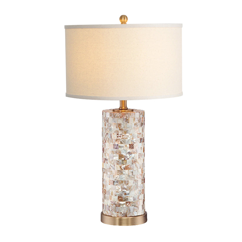 Shell Patchwork Column Nightstand Light Minimalist 1 Head Parlor Table Lamp with Cylinder Fabric Shade in Flaxen/White