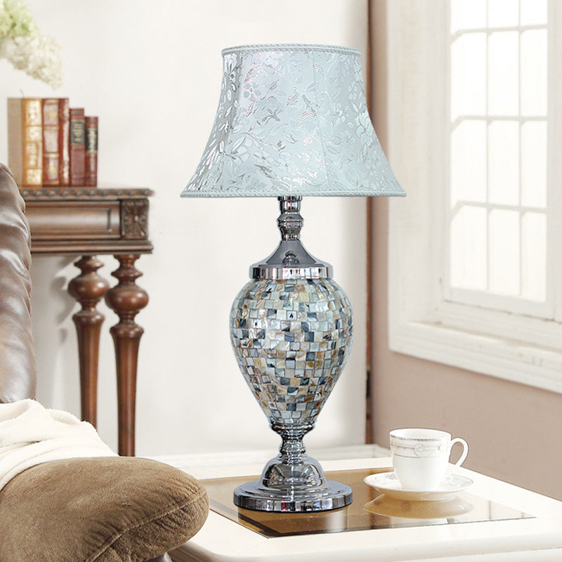 1-Light Print Fabric Table Lamp Traditional Light-Blue Flared Living Room Night Stand Light with Oval Shell Base