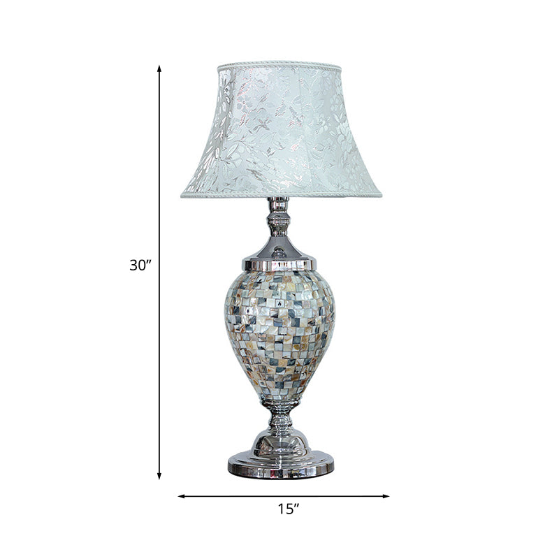1-Light Print Fabric Table Lamp Traditional Light-Blue Flared Living Room Night Stand Light with Oval Shell Base