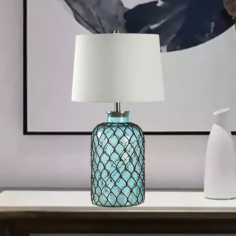 Jar Blue Glass Table Stand Lamp Vintage Single Living Room Night Light with Trellis Net and White Shade