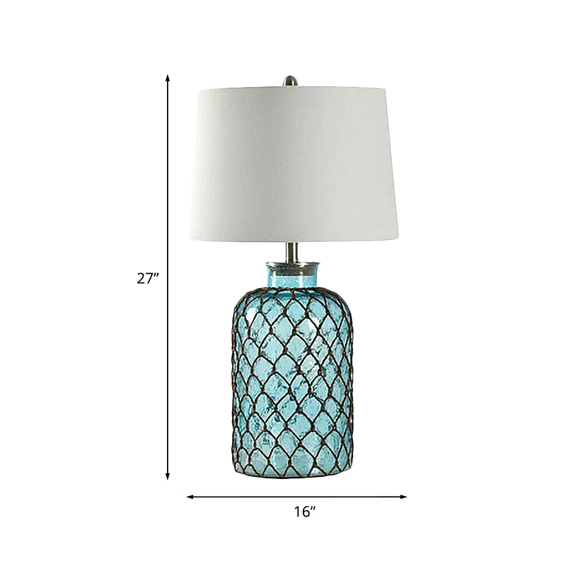 Jar Blue Glass Table Stand Lamp Vintage Single Living Room Night Light with Trellis Net and White Shade