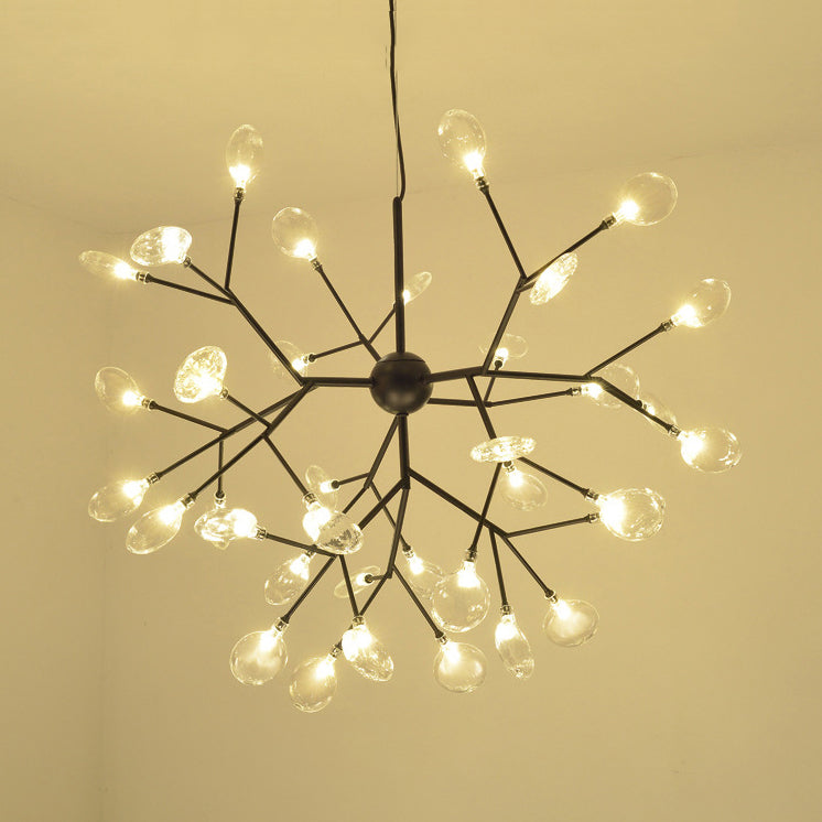 Branch Design Glass Hanging Lamp Modernist 27/36 Lights Black/Gold Chandelier Pendant Light with Leaf Shade