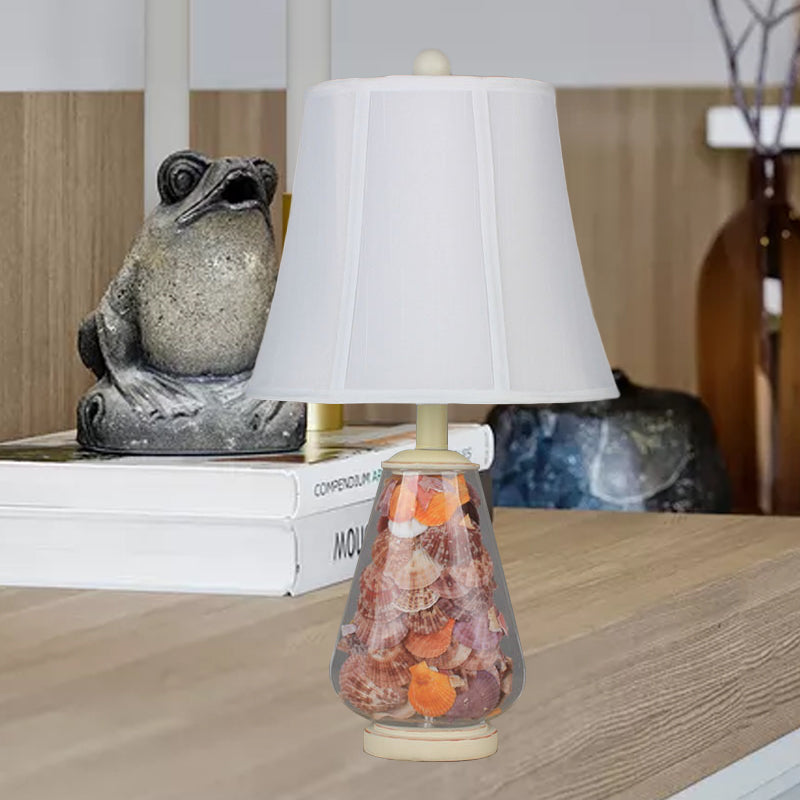White Flared Shade Night Light Countryside Fabric 1 Bulb 12"/16" Wide Bedside Table Lamp with Decorative Shell