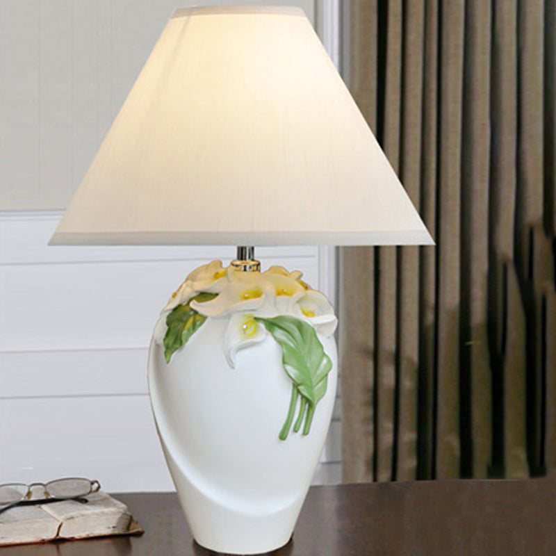1-Bulb Embossed Lily Urn Night Lamp Rural White and Green Ceramic Table Light with Cone Shade