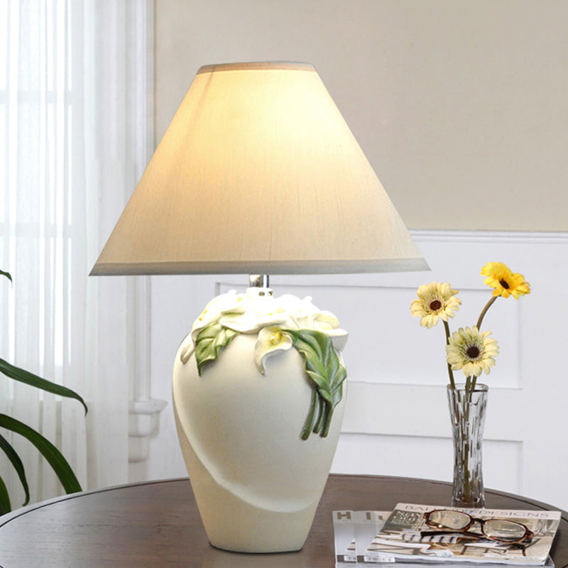 1-Bulb Embossed Lily Urn Night Lamp Rural White and Green Ceramic Table Light with Cone Shade