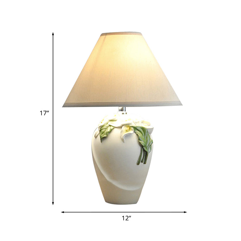 1-Bulb Embossed Lily Urn Night Lamp Rural White and Green Ceramic Table Light with Cone Shade