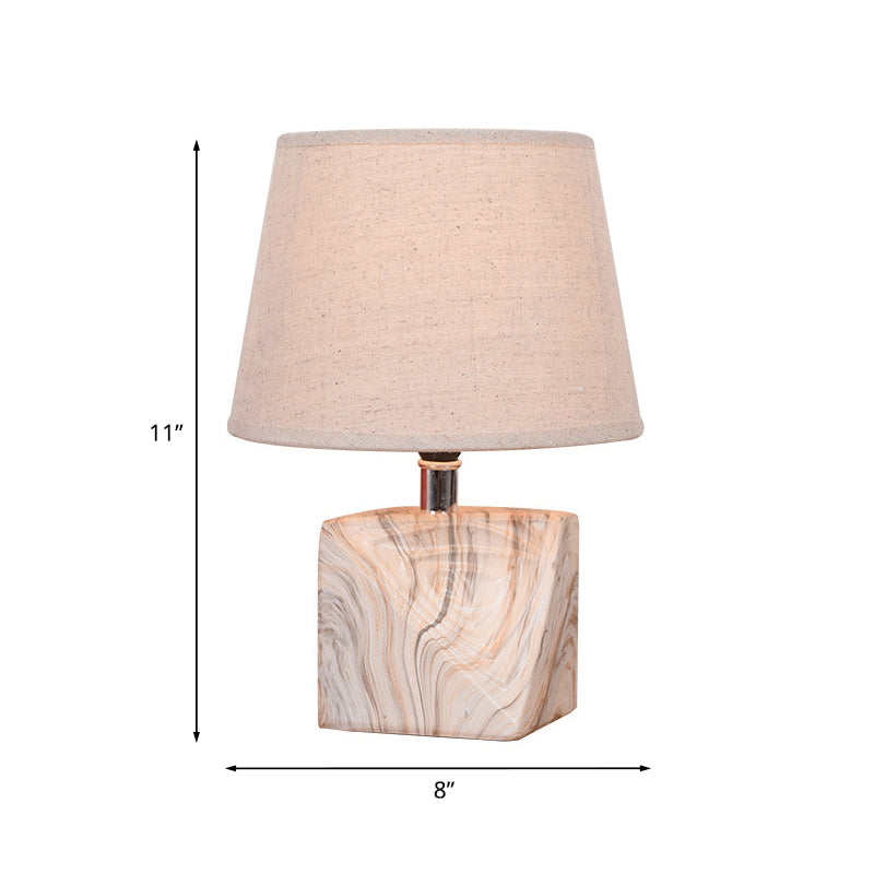 Tapered Fabric Table Lighting Rustic 1 Bulb Bedside Night Lamp with Wood Grain Block Base in White