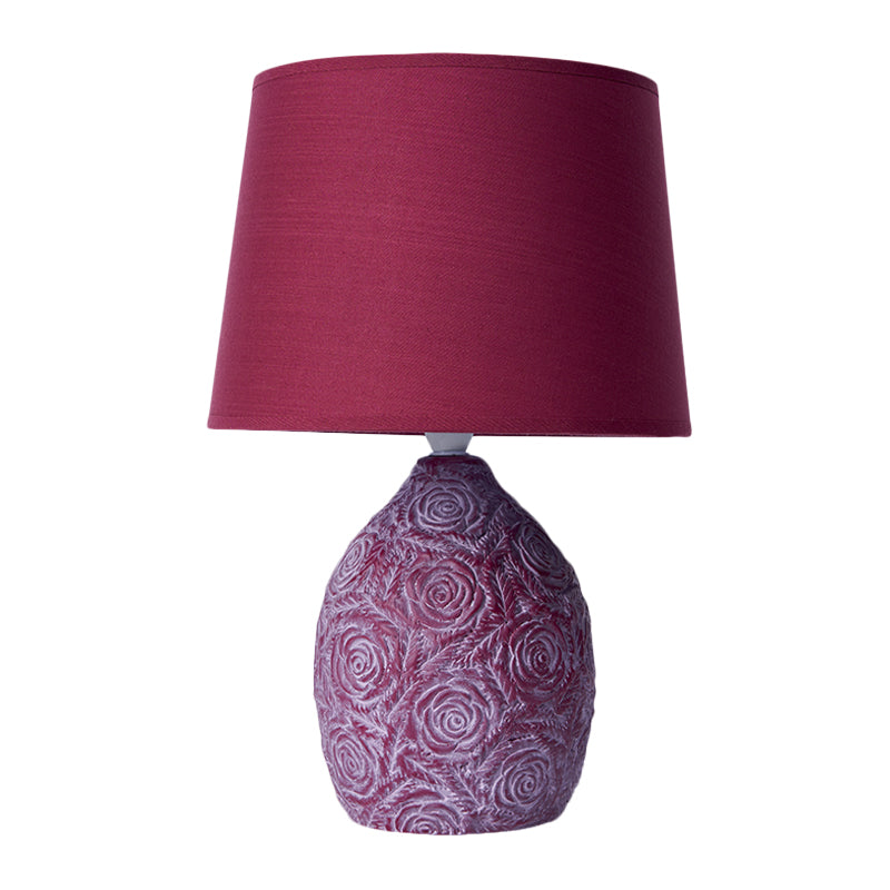 Rural Carved Rose Pot Night Lamp 1 Head Ceramic Table Light with Tapered Drum Shade in Purple and Red