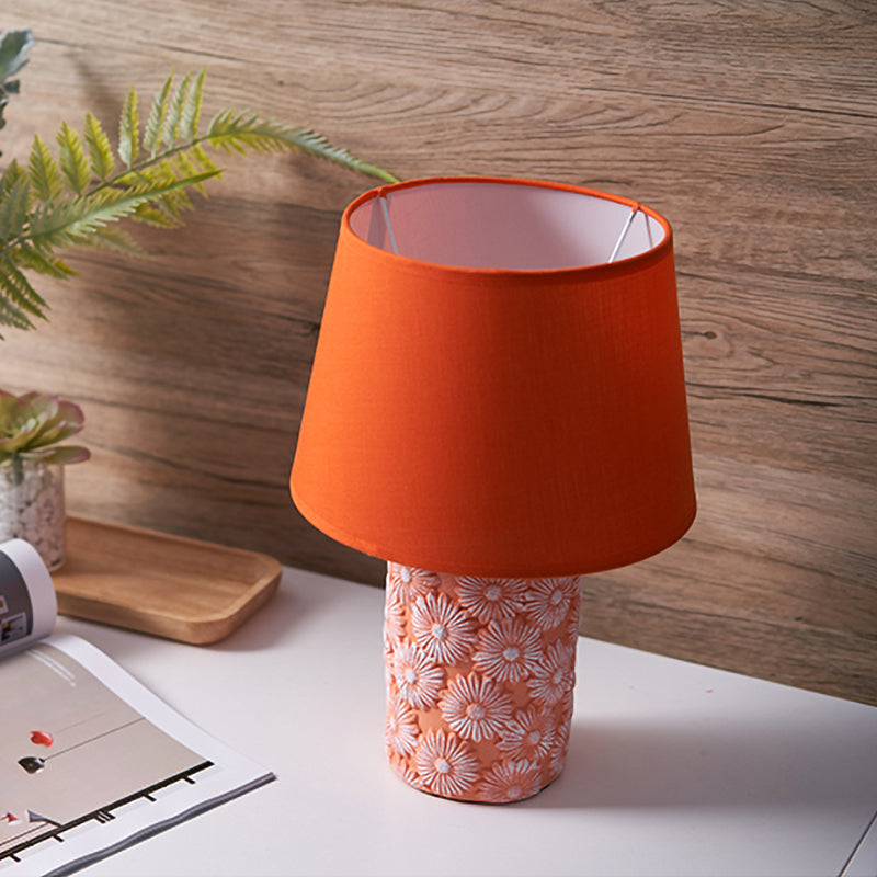 Orange Tapered Drum Table Light Rustic Fabric 1 Head Bedside Night Lamp with Carved Sunflower Base