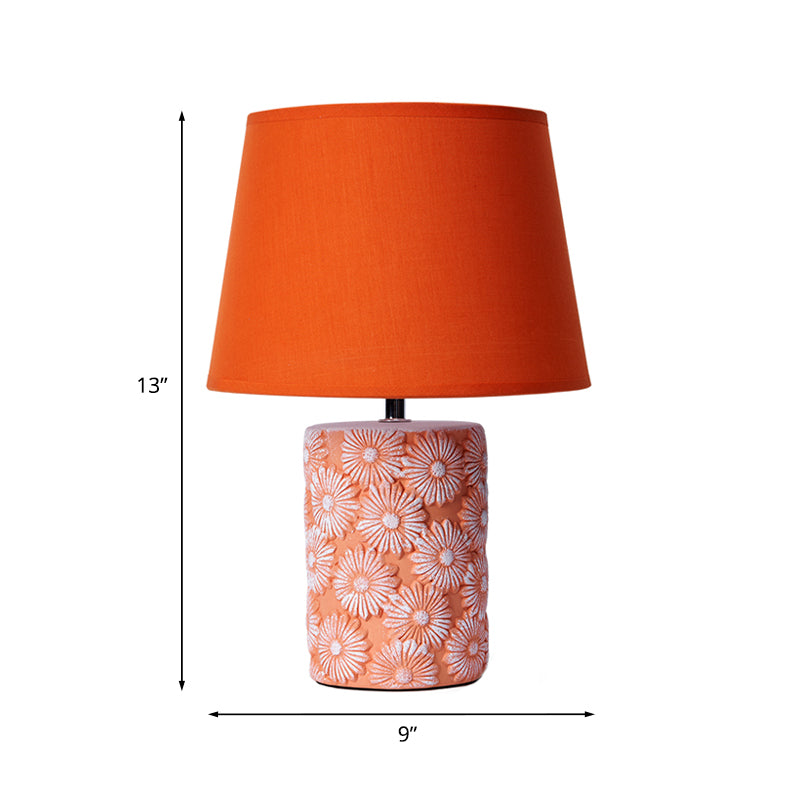 Orange Tapered Drum Table Light Rustic Fabric 1 Head Bedside Night Lamp with Carved Sunflower Base
