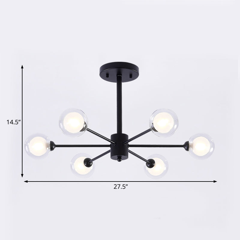 Burst Chandelier Light Modern Metal 6 Lights Black Hanging Light with Clear Glass Shade