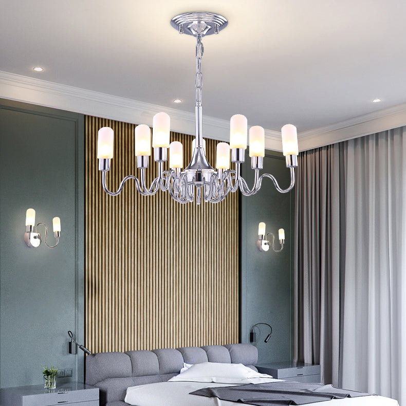 Silver Cylinder Chandelier Lighting Modern Multi Lights Milk Glass Led Hanging Ceiling Lamp with Curved Arm and Chain
