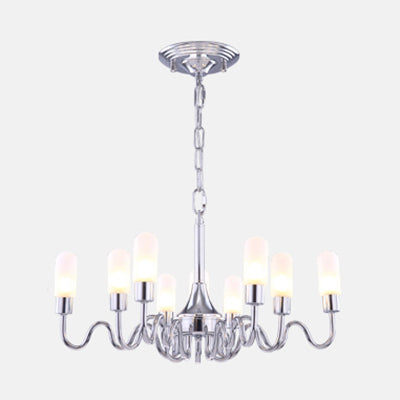 Silver Cylinder Chandelier Lighting Modern Multi Lights Milk Glass Led Hanging Ceiling Lamp with Curved Arm and Chain